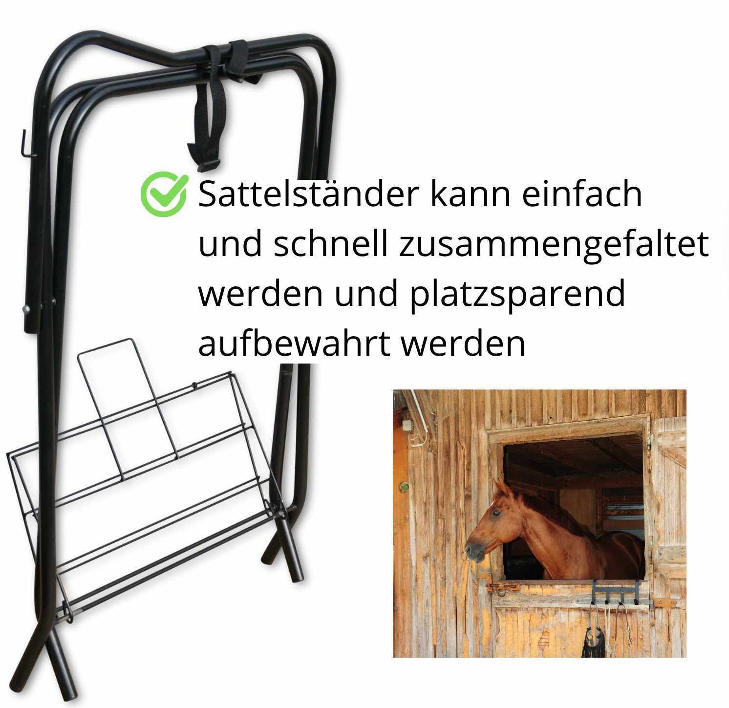Schwarzer, klappbarer Sattelständer mit Ablage. Text: Sattelständer kann einfach und schnell zusammengefaltet werden.