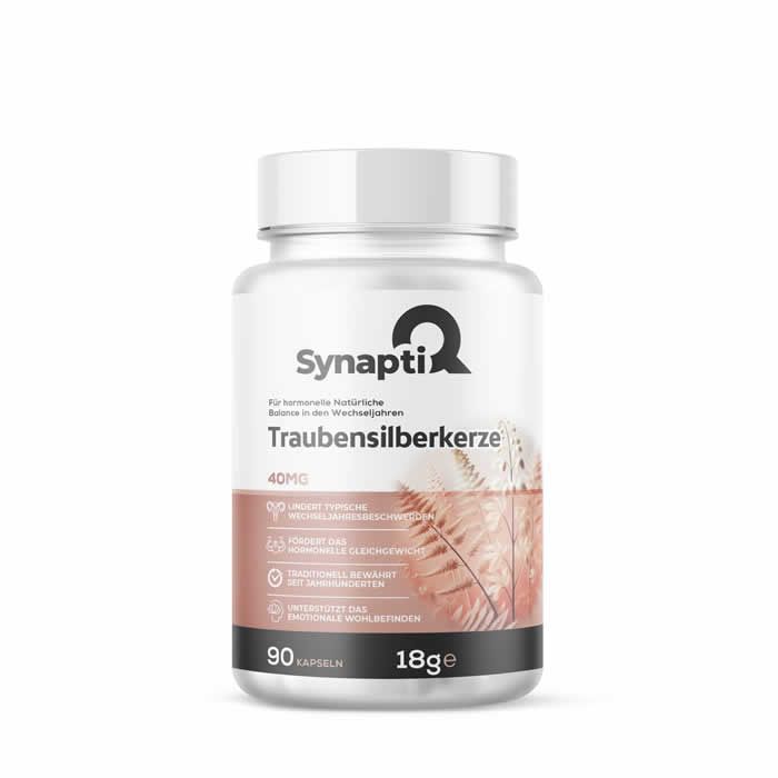 Weißes Pillenfläschchen mit "SynaptiQ"-Logo und "Traubensilberkerze"-Aufschrift. 90 Kapseln, 18g. Rosa-weiße Etikettierung.