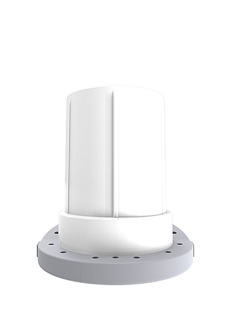 Weißes, zylindrisches Produkt mit geriffelter Oberfläche und grauem Sockel. Der Sockel hat Löcher.