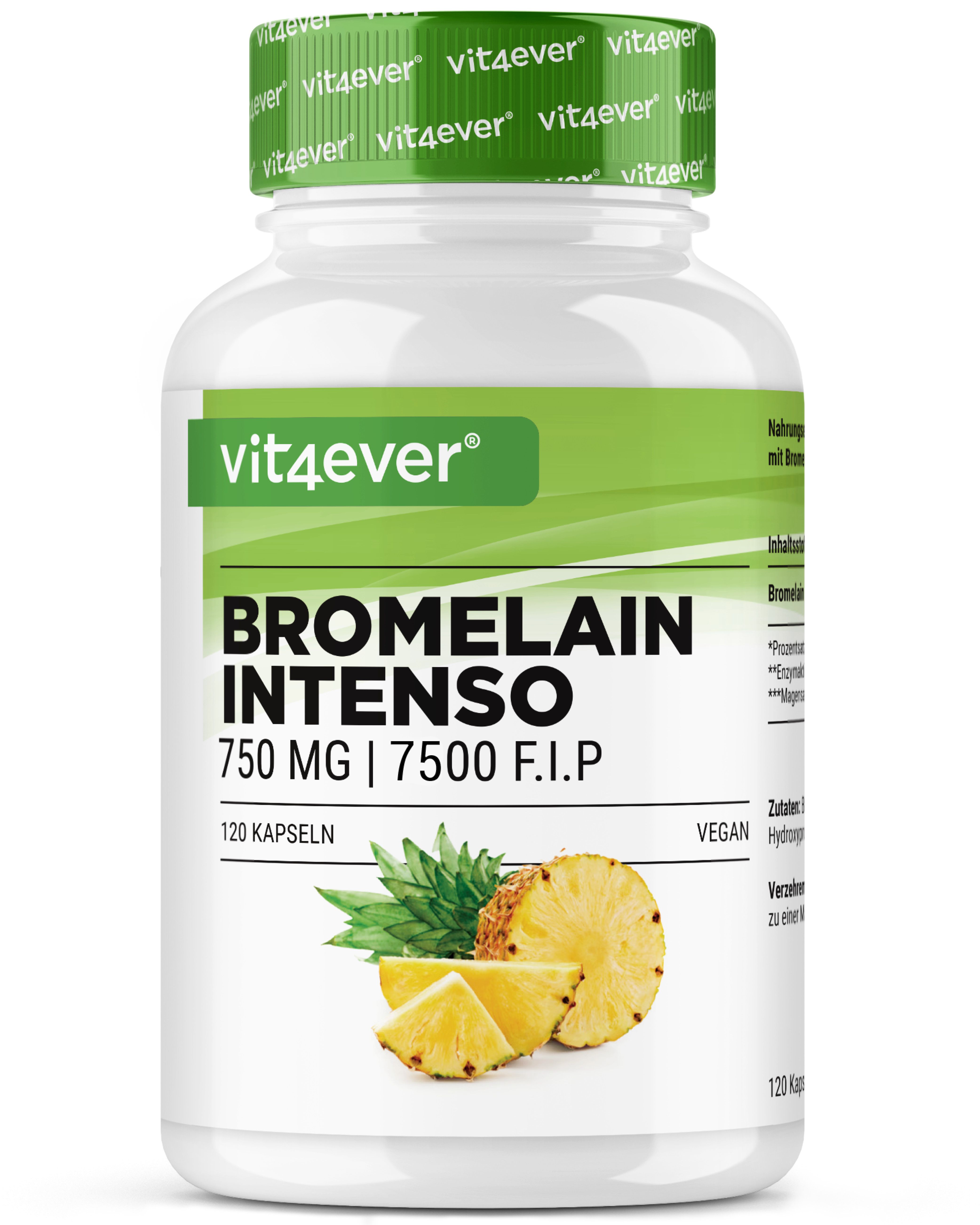 Weißes Flaschendesign mit grünem Etikett. Aufschrift: Bromelain Intenso 750 mg | 7500 F.I.P. 120 Kapseln. Vegan. Ananas-Illustration.