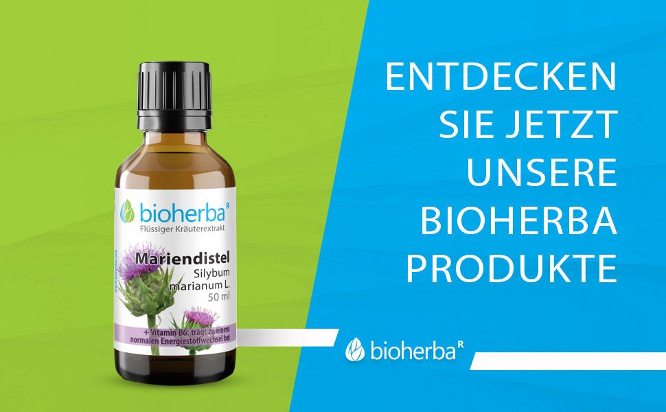 Braune Flasche mit Mariendistel-Extrakt. Text: Mariendistel, Silybum marianum L., 50 ml. Entdecken Sie unsere Bioherba Produkte.
