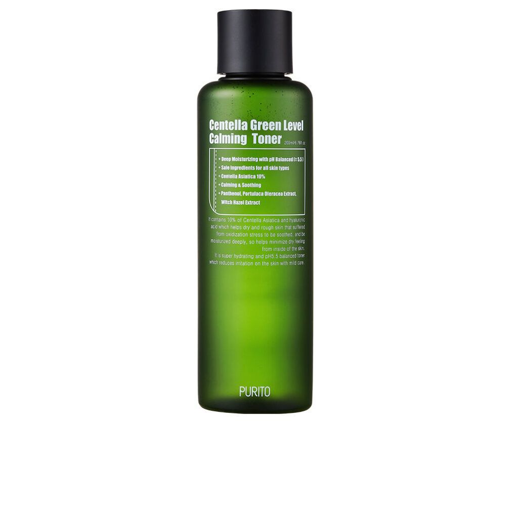 Grüne Flasche mit schwarzem Deckel. Aufschrift: Centella Green Level Calming Toner. Enthält Informationen zu Inhaltsstoffen.