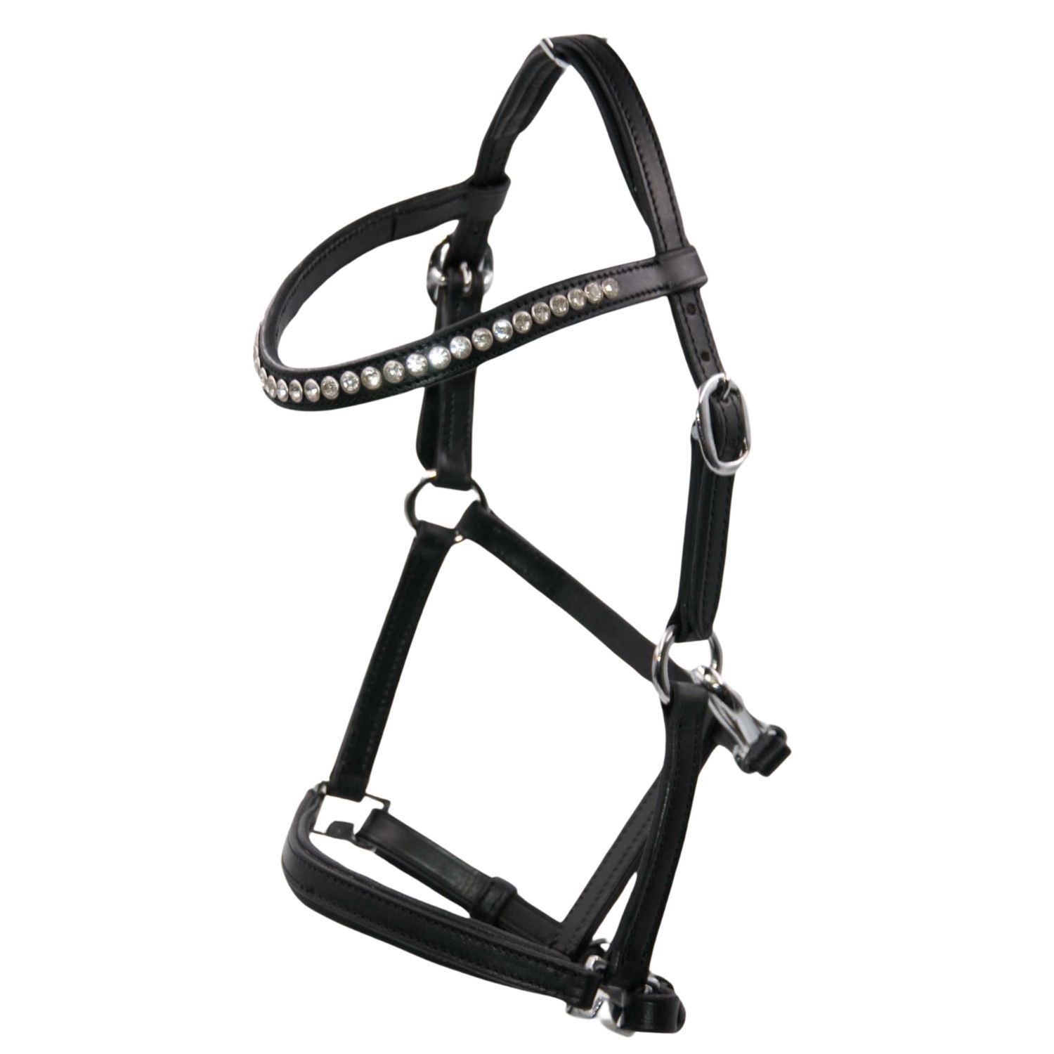 Schwarzes Lederhalfter mit Glitzer-Stirnband. Metallbeschläge. Detailansicht.