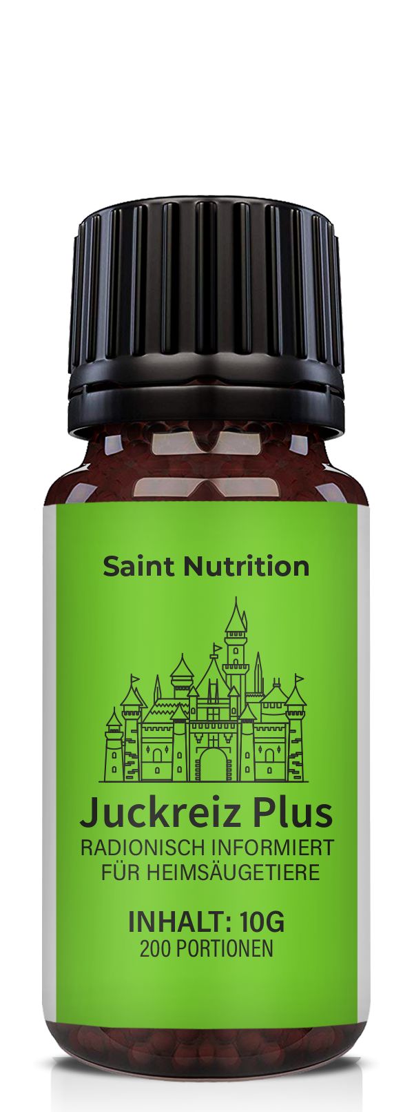 Braune Glasflasche mit schwarzem Deckel. Grünes Etikett mit Text: Saint Nutrition, Juckreiz Plus, Inhalt: 10g, 200 Portionen.