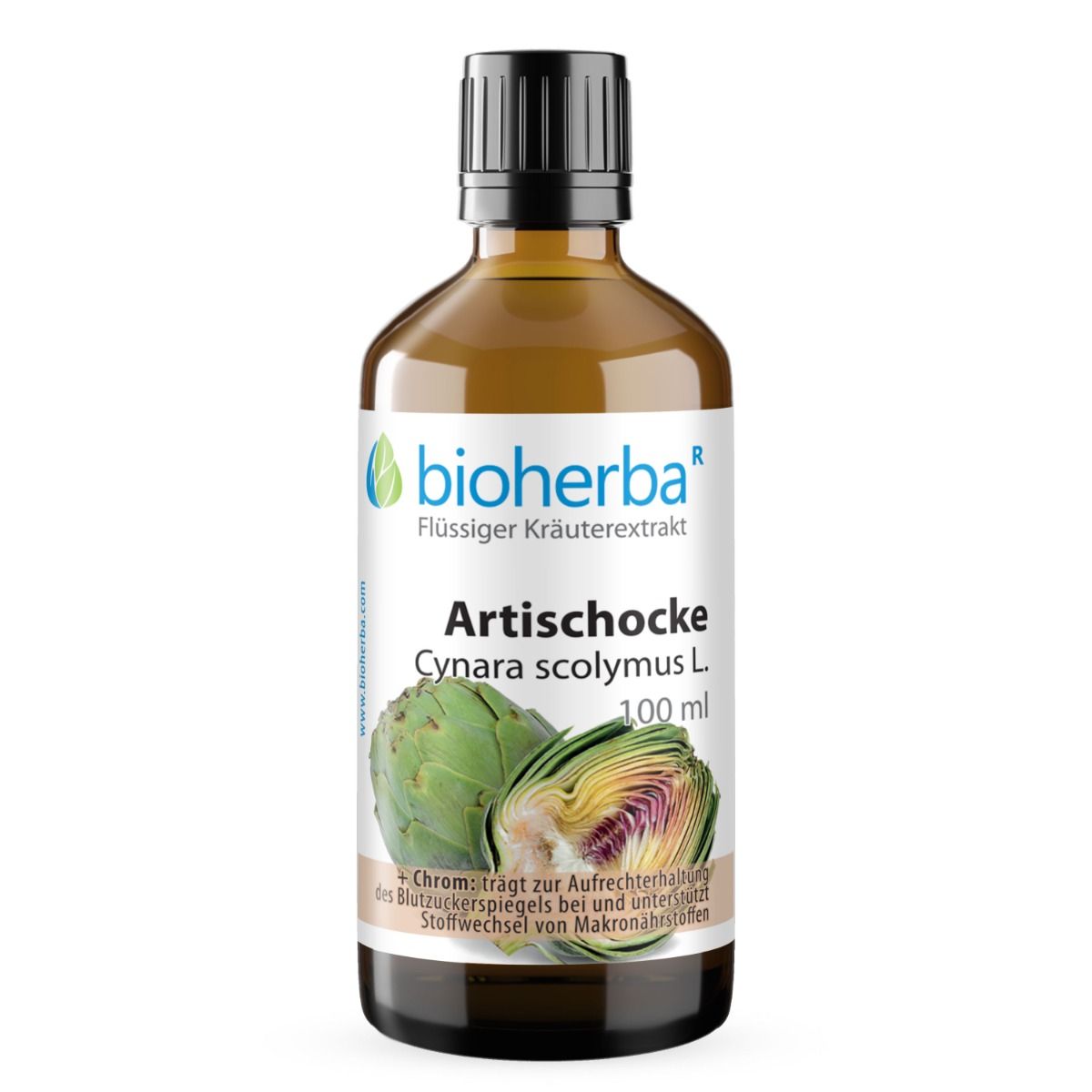 Etikett mit Produktinformationen und Artischocken-Illustration. Text: Bioherba, Artischocke, Cynara scolymus L., 100 ml. Zutaten, Nährwertangaben.