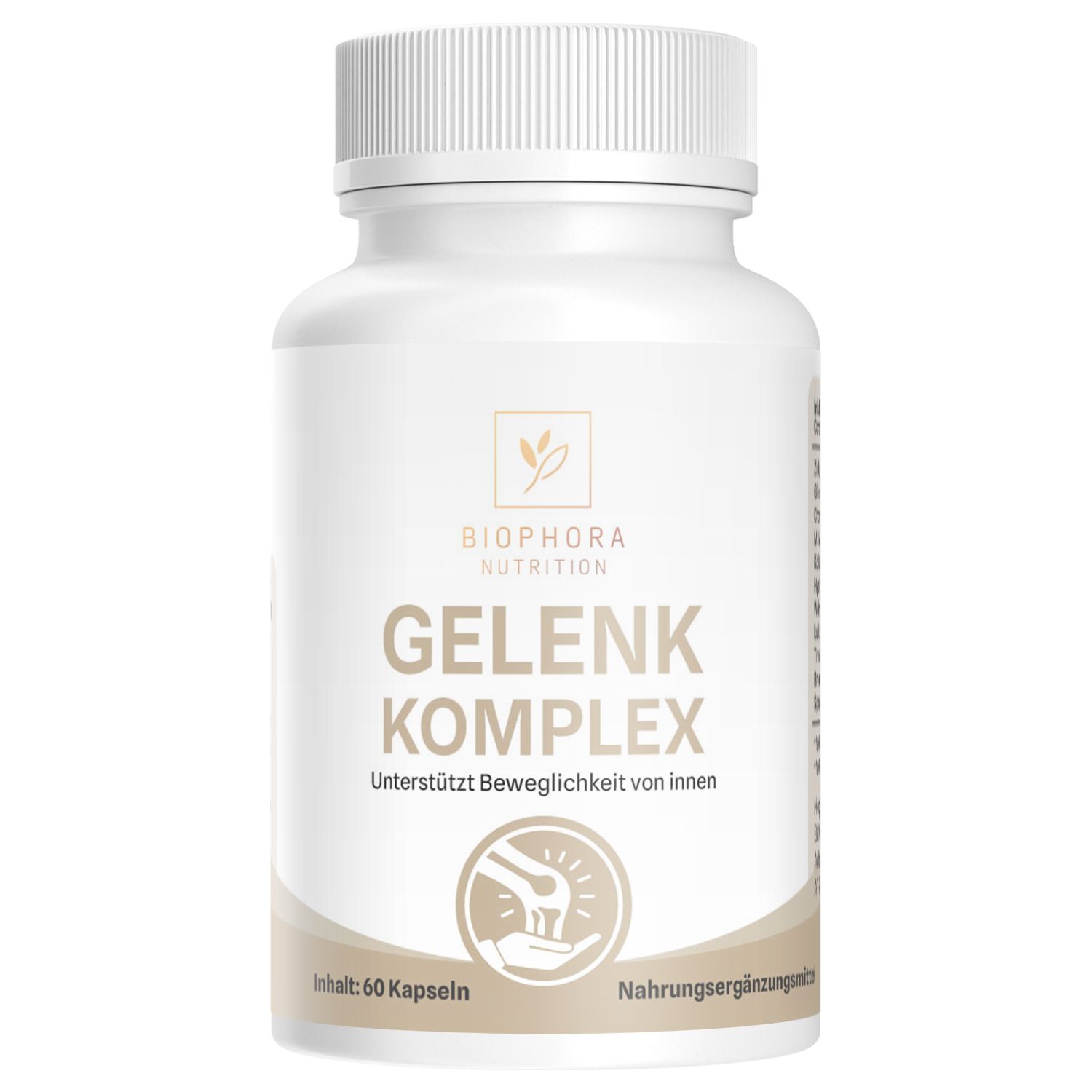 Weiße Flasche mit Aufschrift Gelenk Komplex. Logo: Biophora Nutrition. Inhalt: 60 Kapseln. Nahrungsergänzungsmittel.