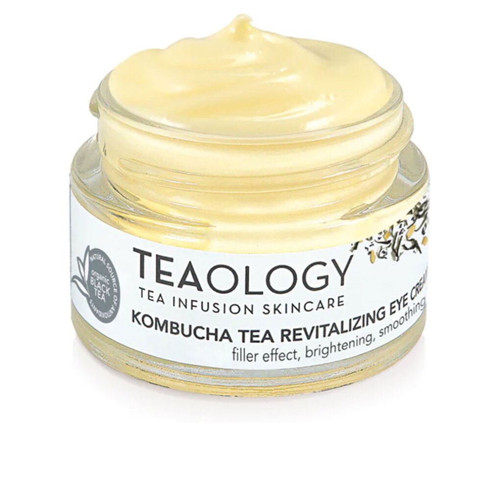 Glasbehälter mit gelblicher Creme. Auf dem Etikett steht "TEAOLOGY", "Kombucha Tea Revitalizing Eye Cream".