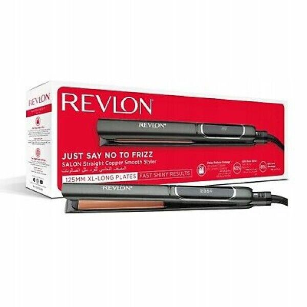 Revlon Glätteisen mit Verpackung. Schwarzes Gehäuse, kupferfarbene Platten. Aufschrift: "JUST SAY NO TO FRIZZ".