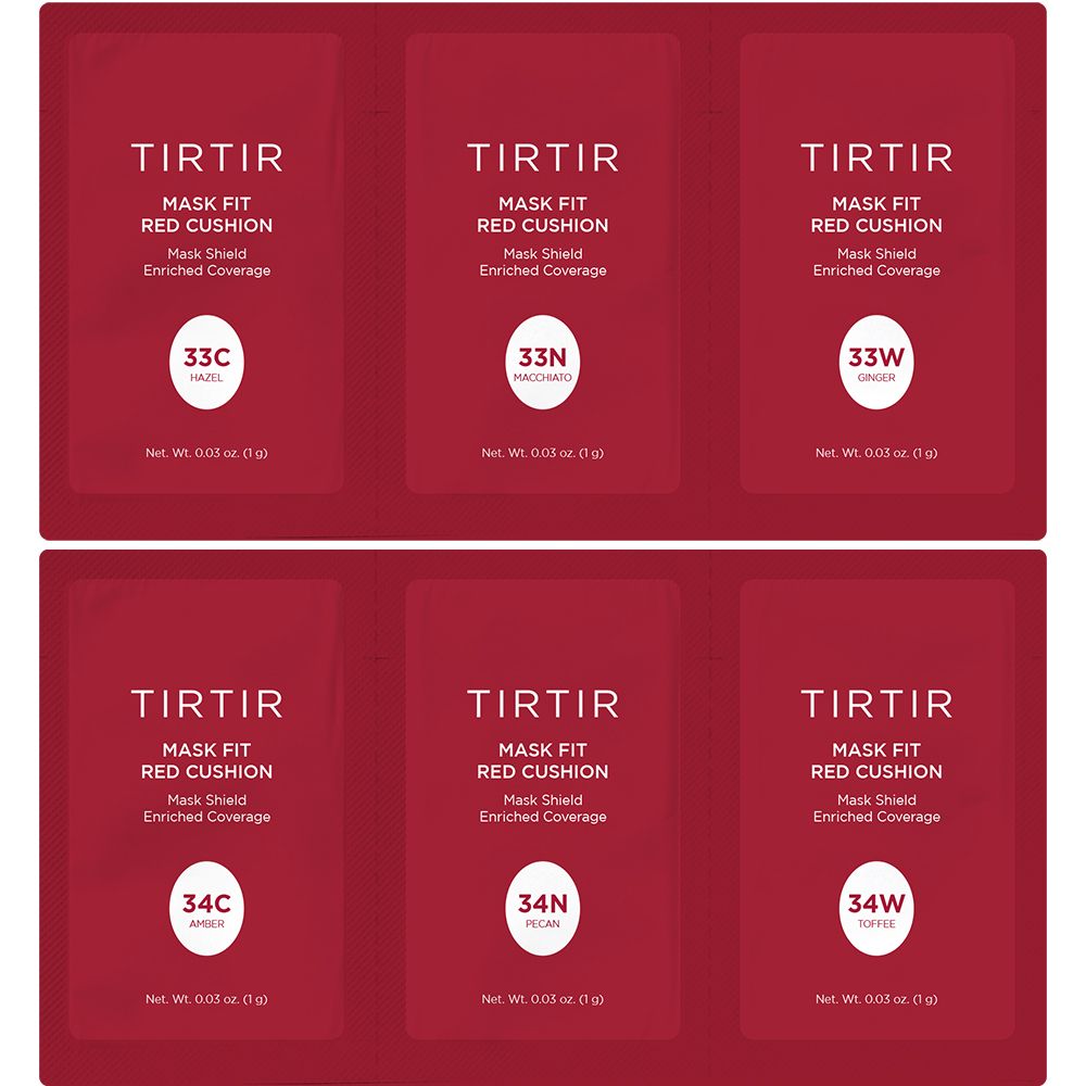 Sechs rote Einzelverpackungen. Text: TIRTIR Mask Fit Red Cushion. Farbvarianten: 33C, 33N, 33W, 34C, 34N, 34W. Nettoinhalt: 0,03 oz. (1g).