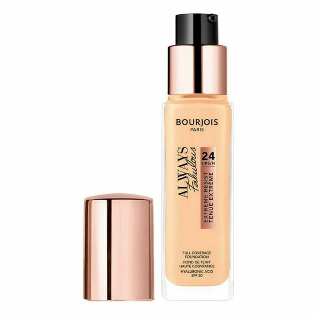 Bourjois Always Fabulous Foundation. Flasche mit goldenem Beige, Deckel daneben. Text: 24H, SPF 20.