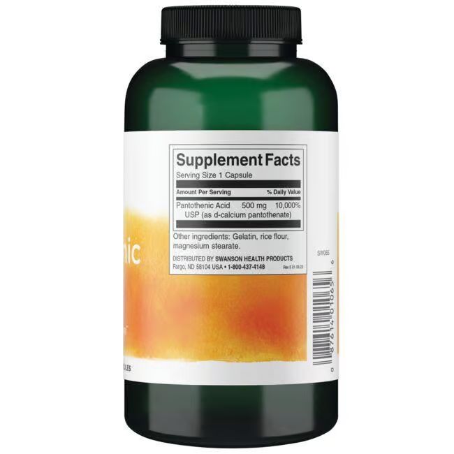 Rückseite der grünen Flasche. Weißes Etikett mit Nährwertangaben. Enthält Pantothensäure 500 mg.