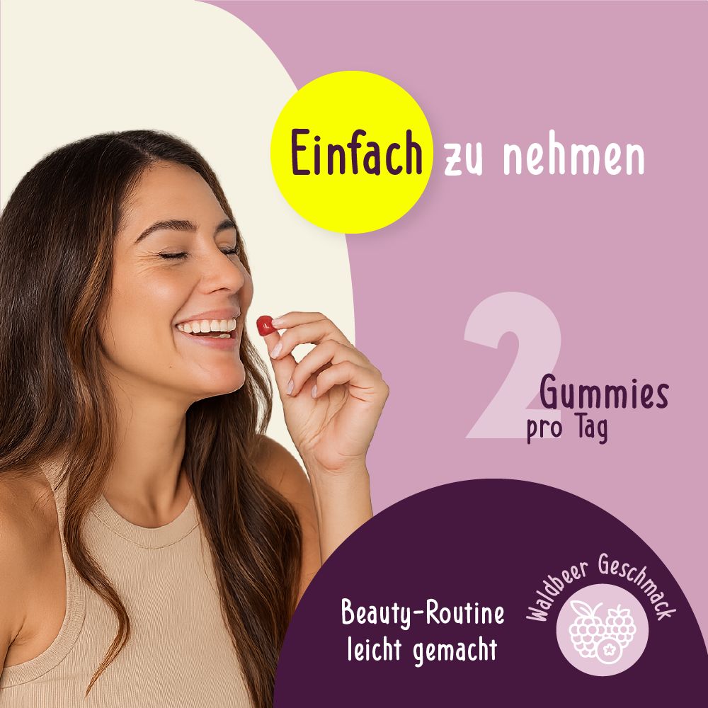 Frau lächelt und hält ein rotes Gummibärchen. Text: Einfach zu nehmen, 2 Gummies pro Tag, Beauty-Routine leicht gemacht, Waldbeer Geschmack.