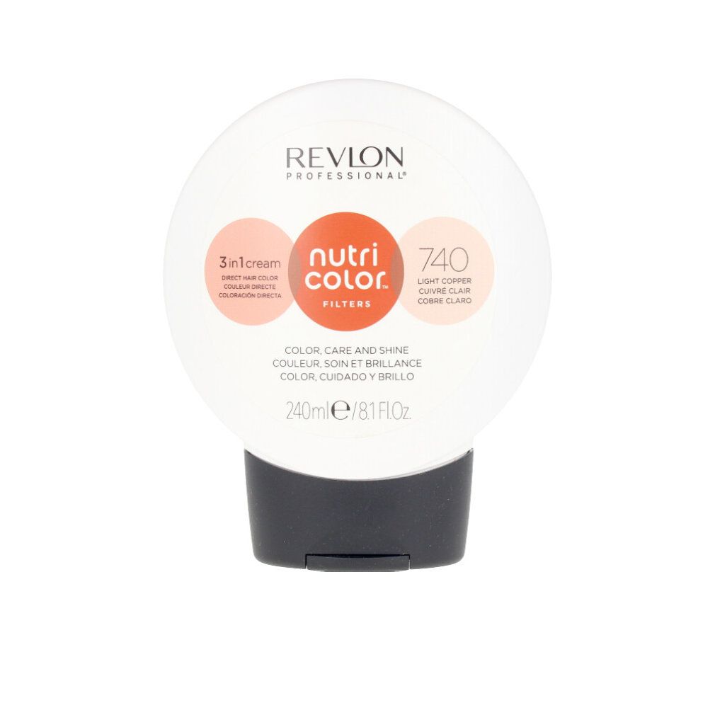 Weiß-schwarze Tube. Aufschrift: Revlon Professional, Nutri Color Filters 740. 3-in-1 Cream. 240ml/8.1 Fl Oz. Light Copper.