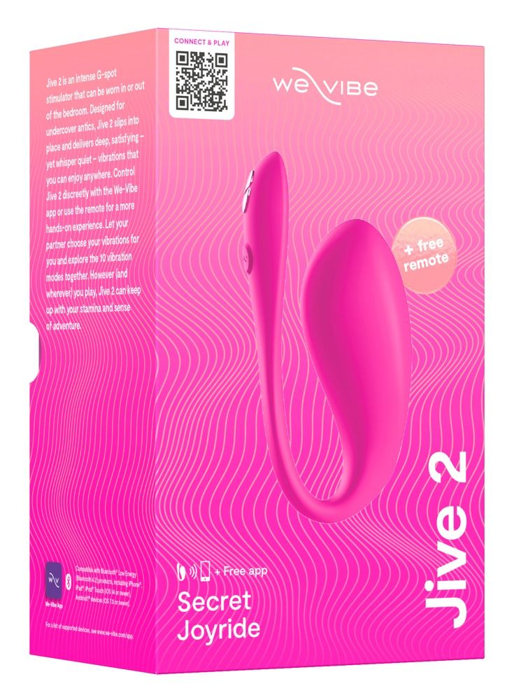 Verpackung von We-Vibe Jive 2. Pinkfarbenes Produkt, QR-Code, Text: Secret Joyride, Free App, Connect & Play.
