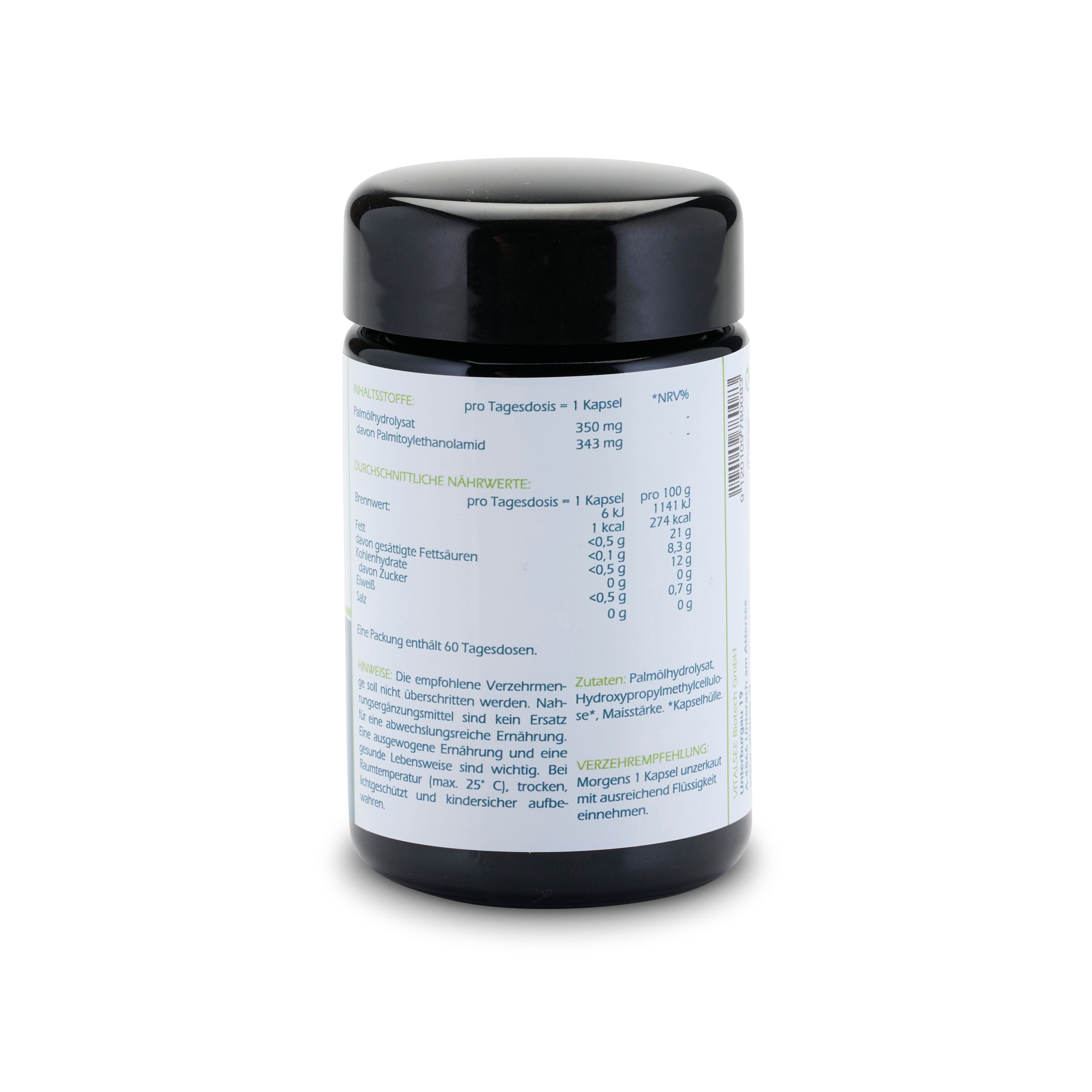 Rückseite der Dose. Etikett mit Nährwertangaben und Inhaltsstoffen. Schwarzer Deckel. Weißer Hintergrund.