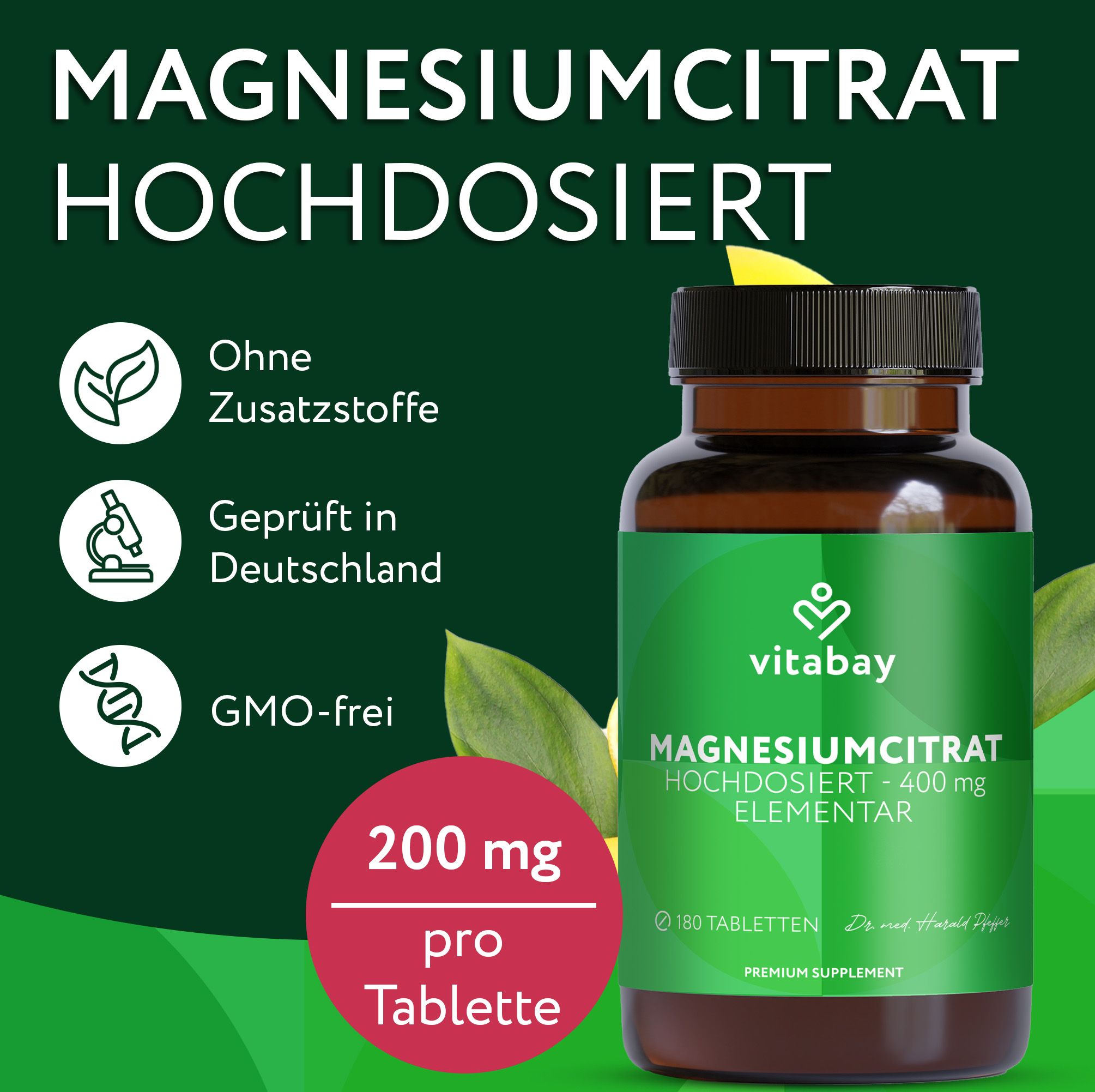 Vitabay Magnesiumcitrat 400 mg: Flasche mit Hinweisen.
