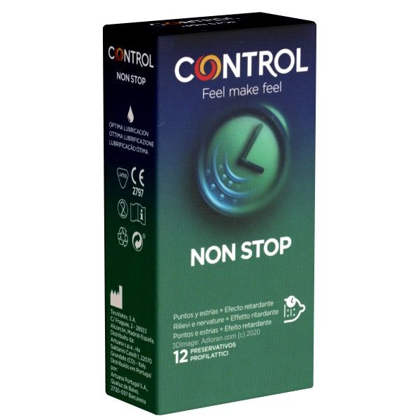Produktverpackung. Aufschrift 'CONTROL Non Stop Dots & Lines'. Enthält 12 Kondome. Logo Control und 'Feel make feel' sichtbar.