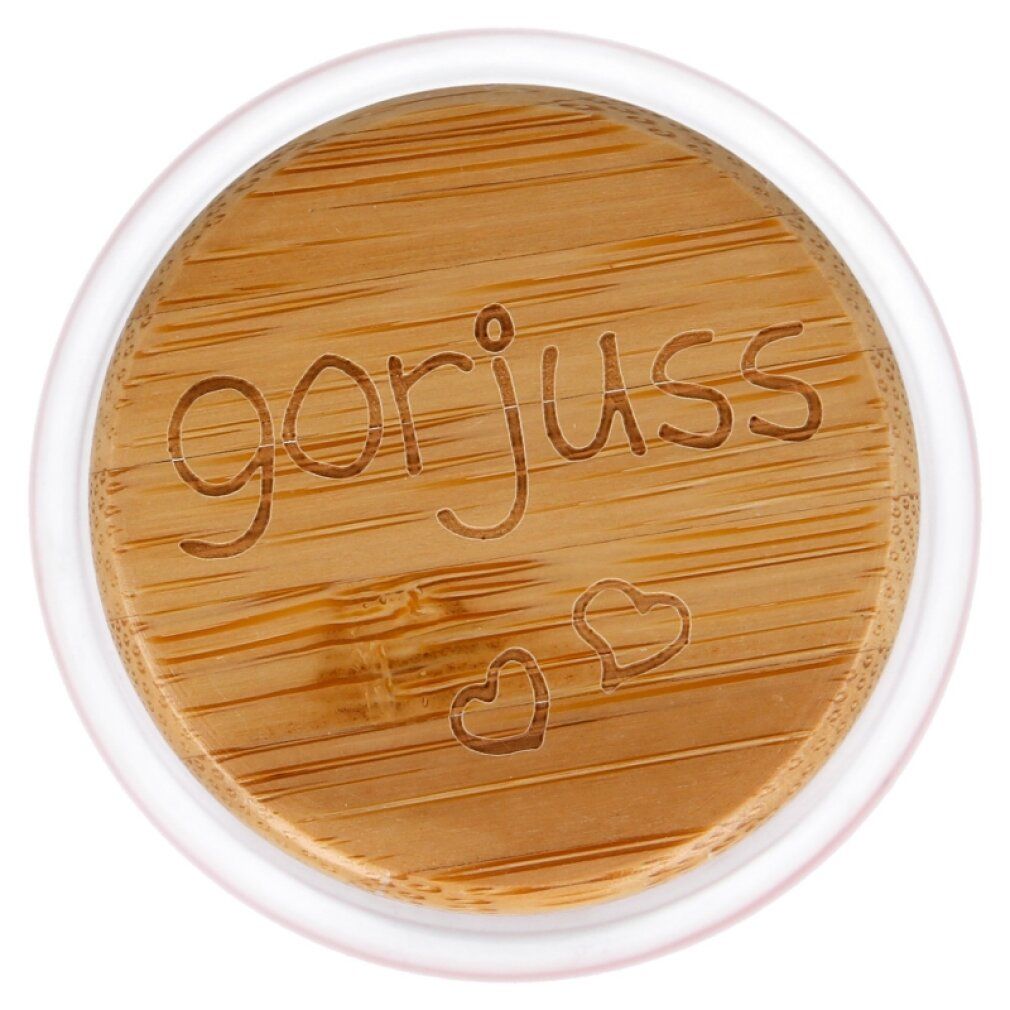Holzdeckel mit Gravur: gorjuss und Herzen. Weißer Rand.