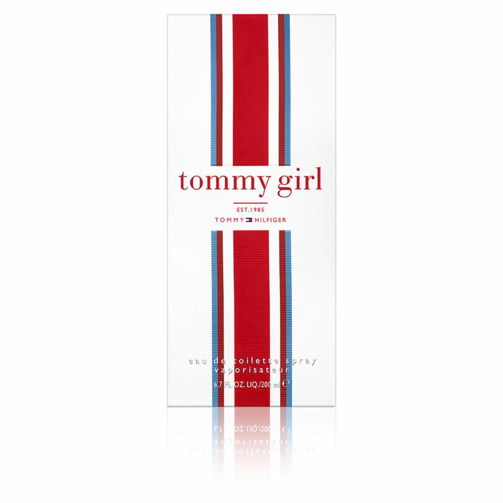 Verpackung von Tommy Girl. Weiß mit roten, blauen Streifen. Schriftzug 'tommy girl' in Rot. 'Eau de toilette spray' und Logo.