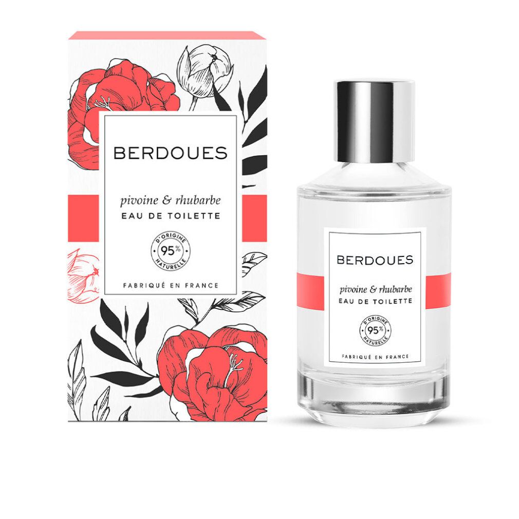 Flakon und Schachtel. Aufschrift: Berdoues, pivoine & rhubarbe, Eau de Toilette. 95% naturelle. Hergestellt in Frankreich.