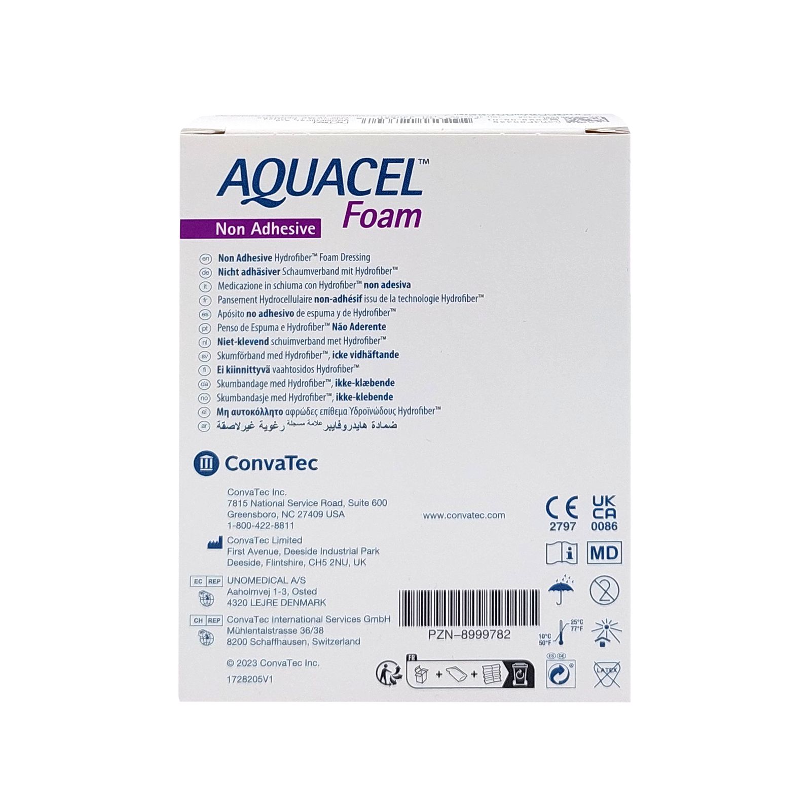Rückseite der AQUACEL FOAM Verpackung. Enthält Text, Logos und Zertifizierungen. Herstellerinformationen.