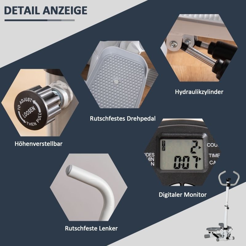 Detailansicht des Steppers. Höhenverstellrad, rutschfestes Drehpedal, digitaler Monitor. Rutschfester Lenker.