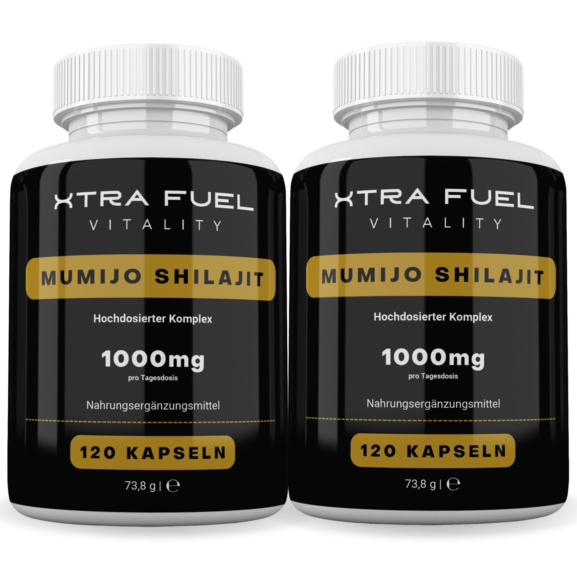 Zwei Flaschen XTRA FUEL Mumijo Shilajit Kapseln. Schwarze Etiketten mit weißer Schrift. 1000mg pro Tagesdosis, 120 Kapseln.