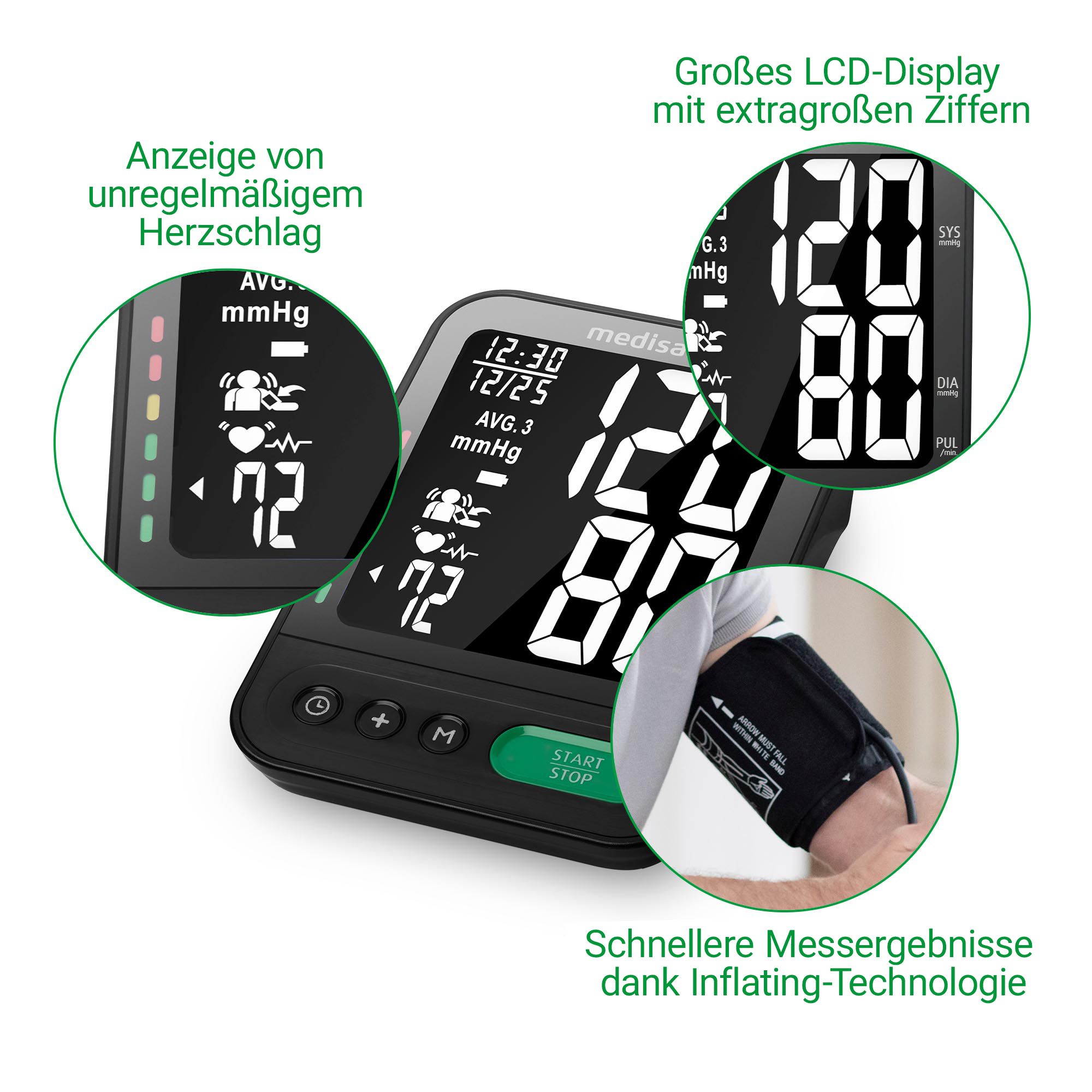 Medisana Oberarm-Blutdruckmessgerät mit großem LCD-Display, Anzeige von Herzschlag und Messwerten.