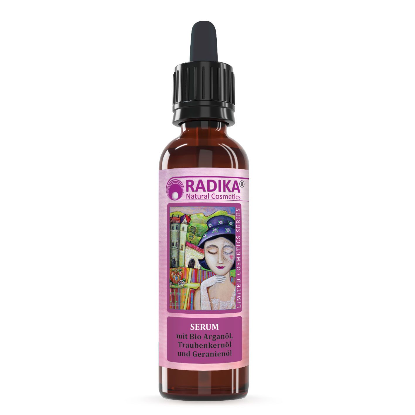 Braune Glasflasche mit schwarzem Tropfer. Etikett mit Illustration und Text: RADIKA Natural Cosmetics, Serum, Bio Arganöl, Traubenkernöl, Geranienöl.