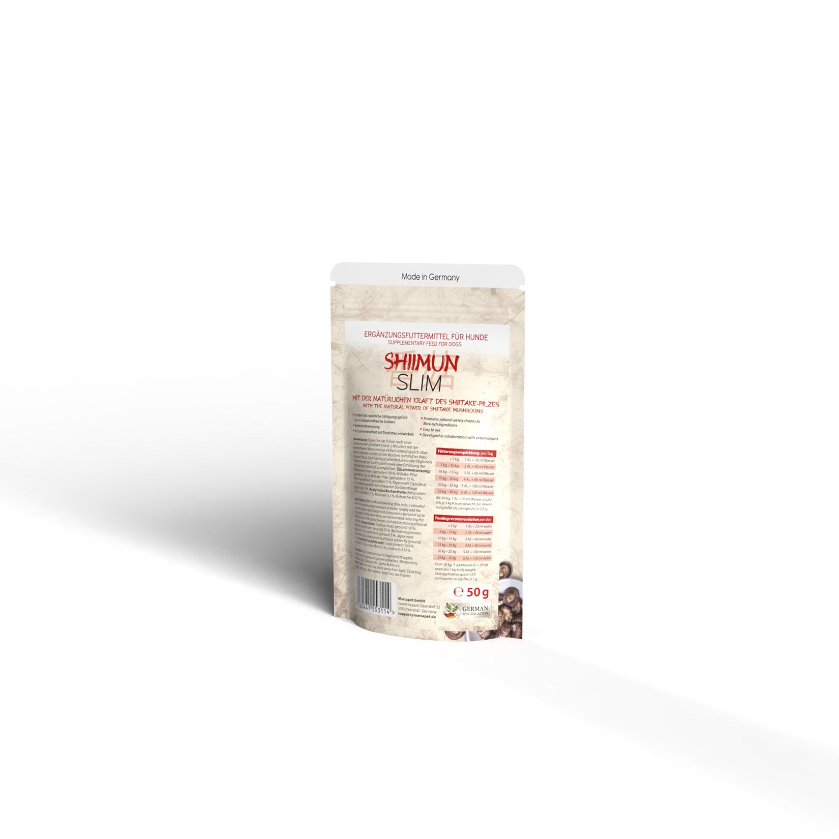 Rückseite eines Shiimun Slim Beutels. Text und Nährwertangaben sind aufgedruckt. Hergestellt in Deutschland.