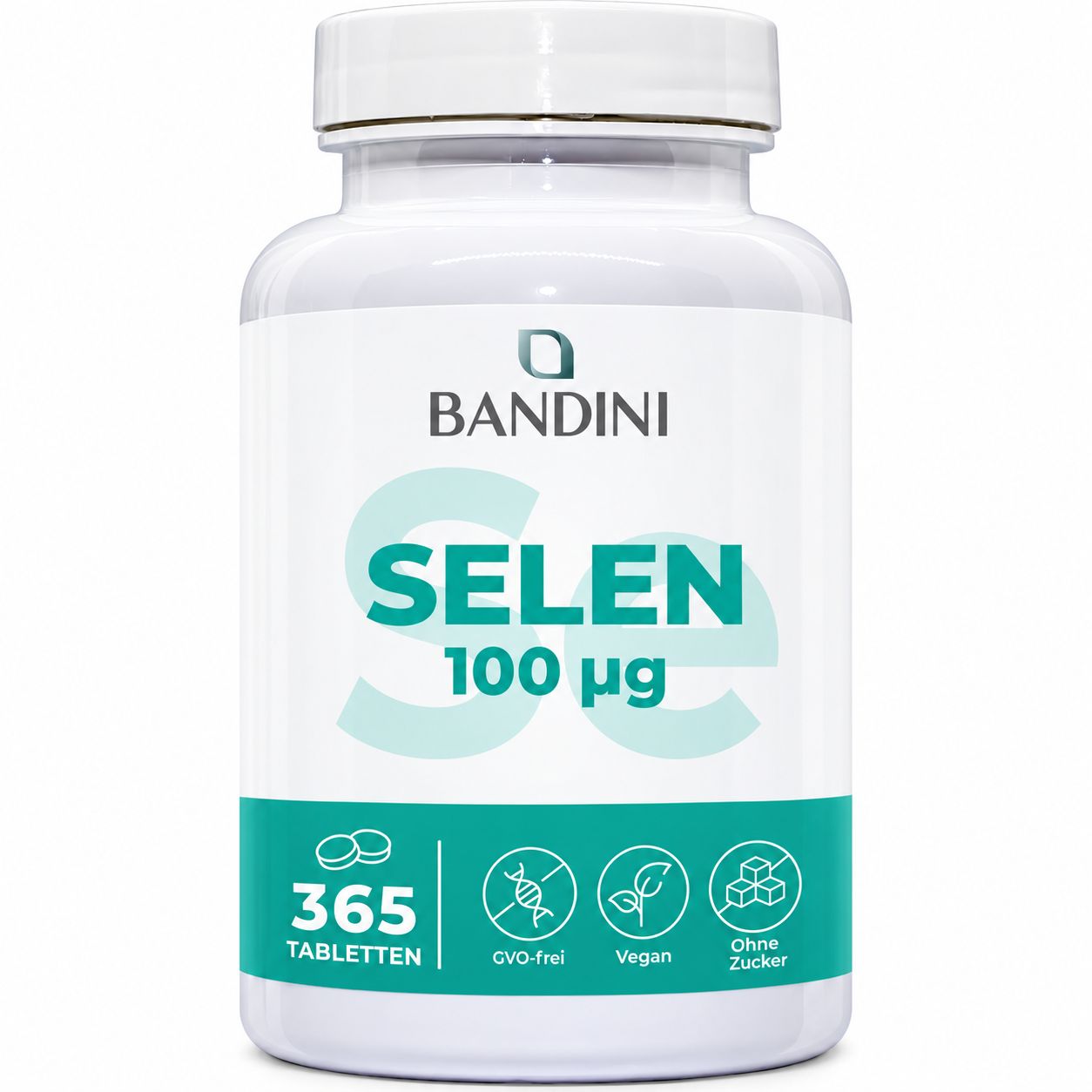 Weiße Dose "BANDINI SELEN 100 μg" mit 365 Tabletten. "CVO-frei, Vegan, Ohne Zucker" Symbole.