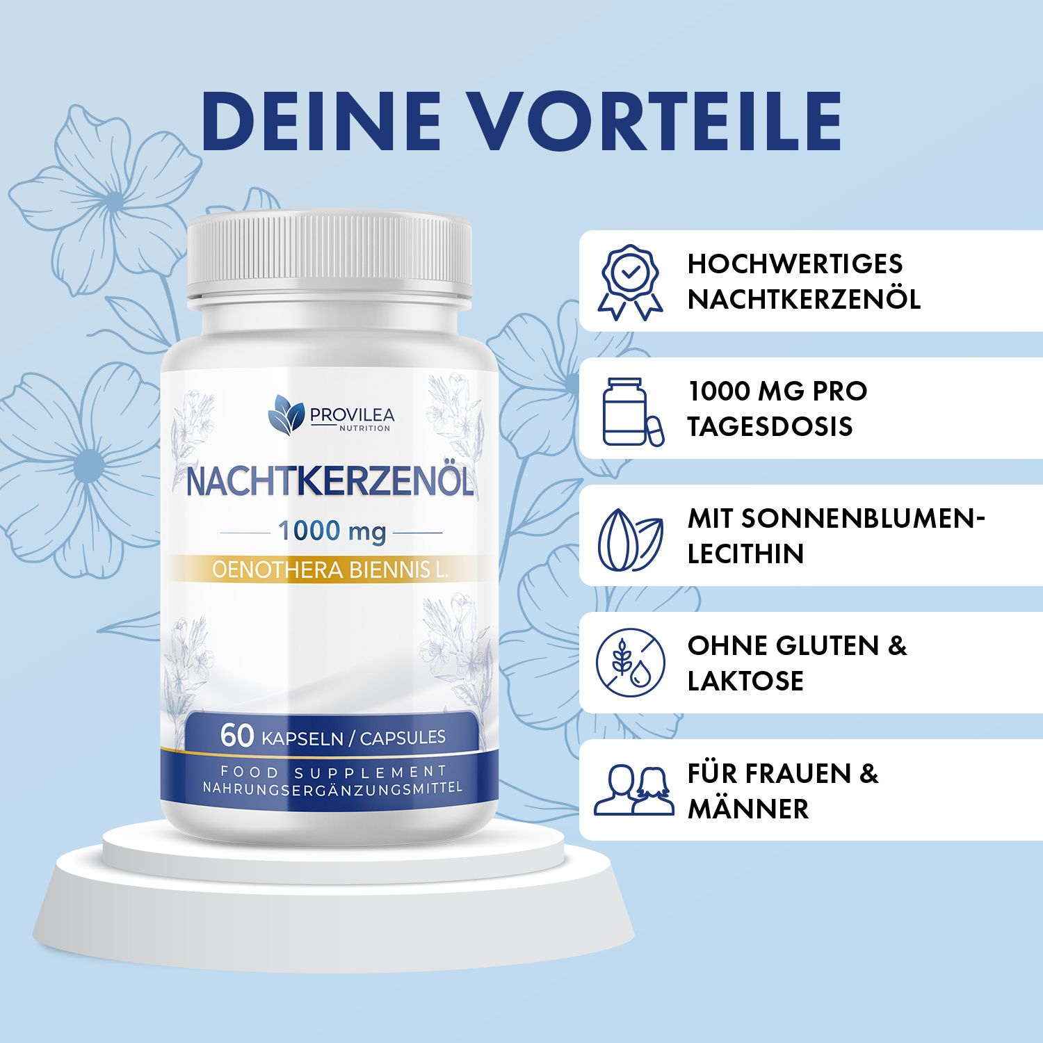 Weiße Kapsel-Dose mit blauem Etikett. Aufschrift: Nachtkerzenöl, 1000 mg, 60 Kapseln. Zusatzinformationen.