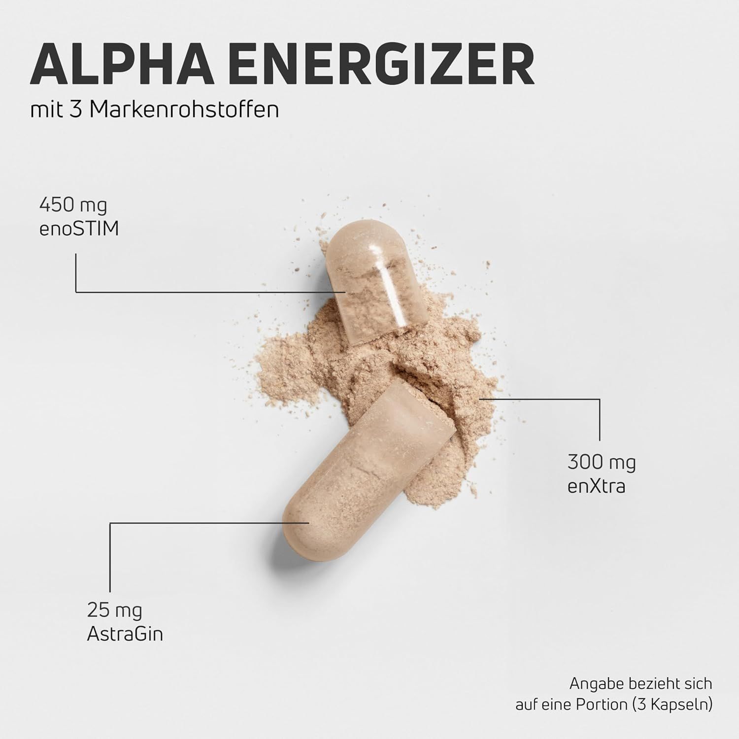 Kapsel geöffnet, Inhalt auf Pulver. Text: 450 mg enoSTIM, 300 mg enXtra, 25 mg AstraGin. Angaben pro Portion.