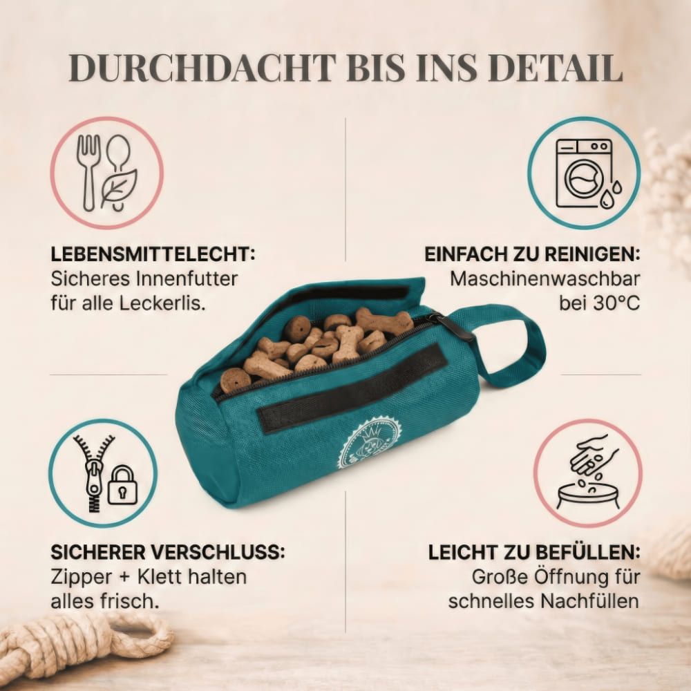 Geöffnete Futterbeutel mit Futter. Text: Lebensmittelecht, sicher, leicht zu befüllen, sicher verschlossen, waschbar.