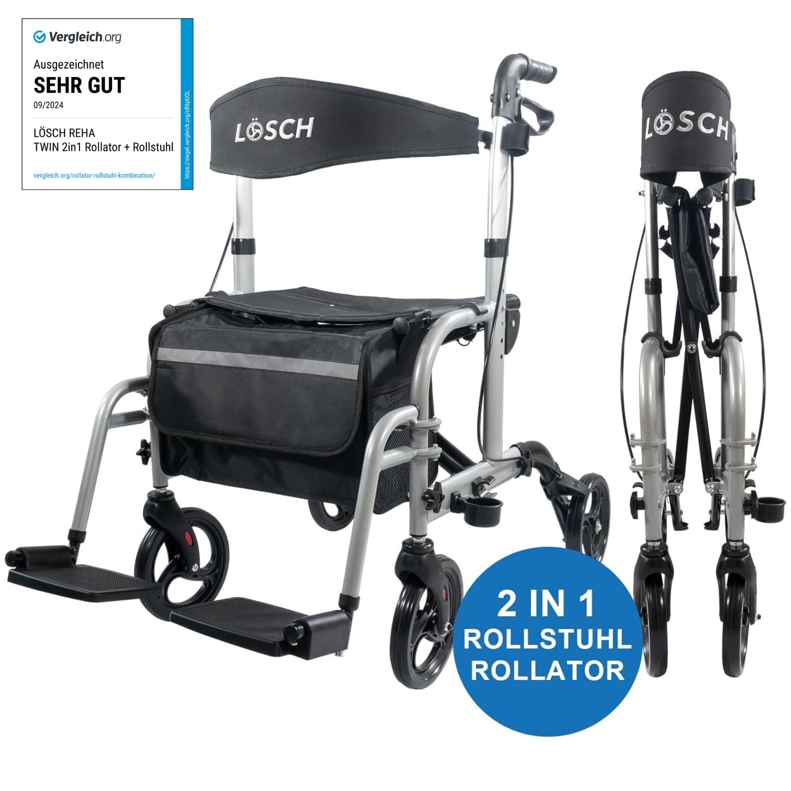 Rollator & Rollstuhl Twin, silberfarben, mit schwarzem Sitz und Tasche. Räder, Fußstützen, Rückenlehne. Zertifizierung.