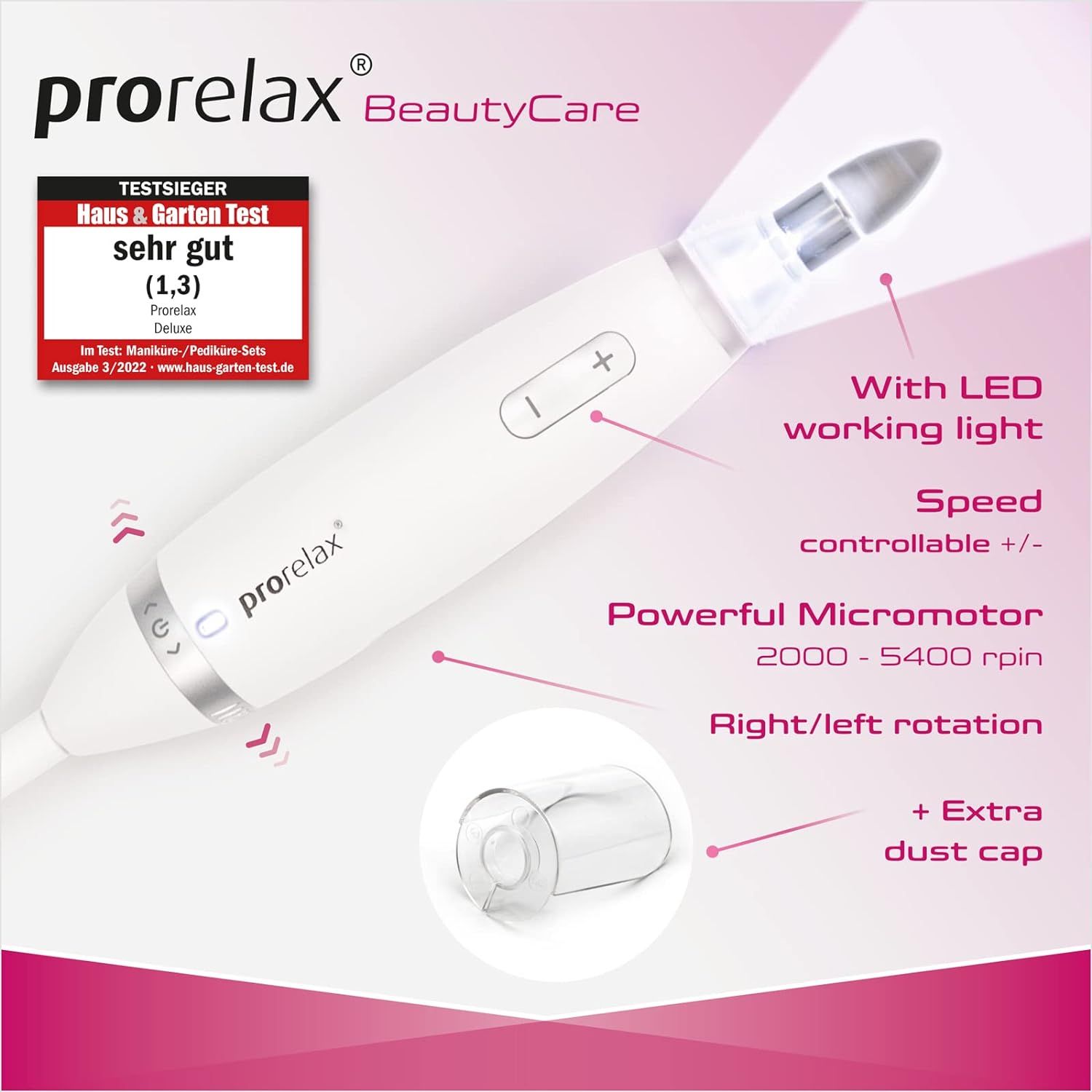 Weißes Maniküre-Pediküre-Gerät mit LED-Licht. Drehzahlregelung, Rechts-/Linkslauf. Extra Staubkappe.