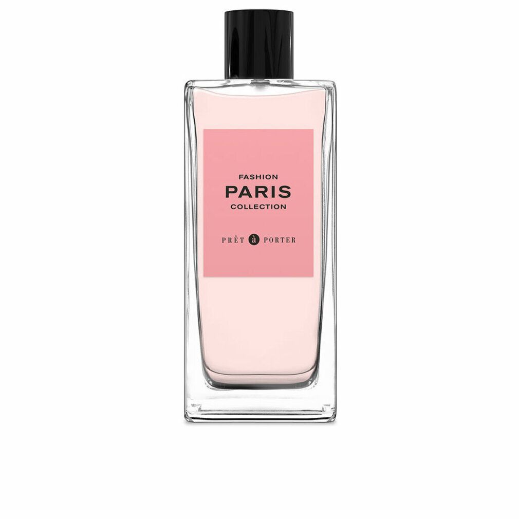 Glasflakon mit rosa Flüssigkeit, schwarzem Verschluss und rosa Etikett mit Text: Fashion Paris Collection Pret a Porter.