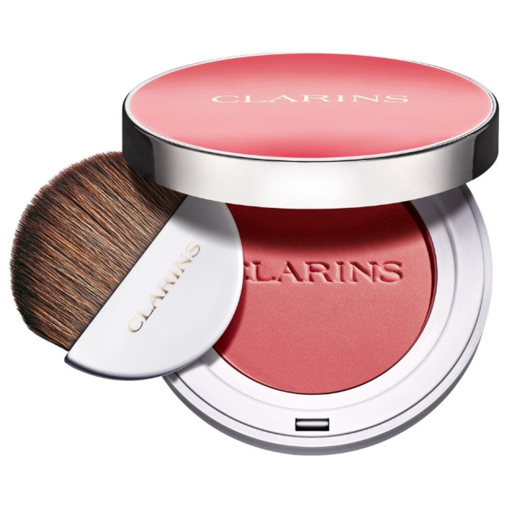 Runder Rouge-Behälter mit Spiegel und Pinsel. Deckel und Rouge in Rosa. Pinsel mit weißem Griff. Marke Clarins.