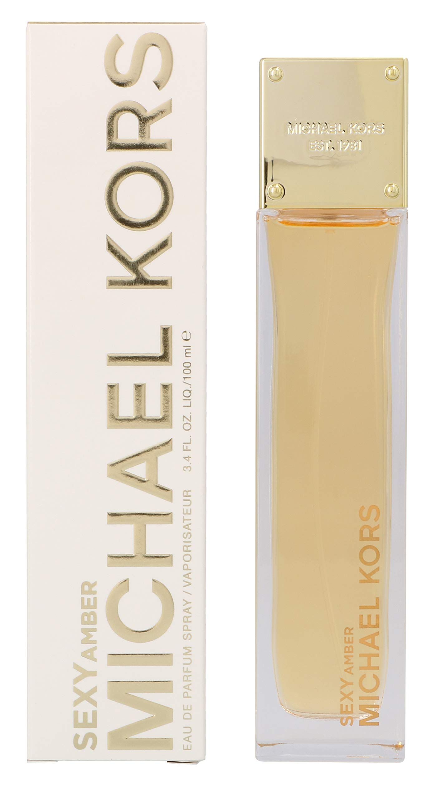 Parfümflasche und Verpackung. Aufschrift: MICHAEL KORS SEXY AMBER. Goldfarbene Schrift auf weißem Hintergrund. Flasche mit goldfarbenem Deckel.