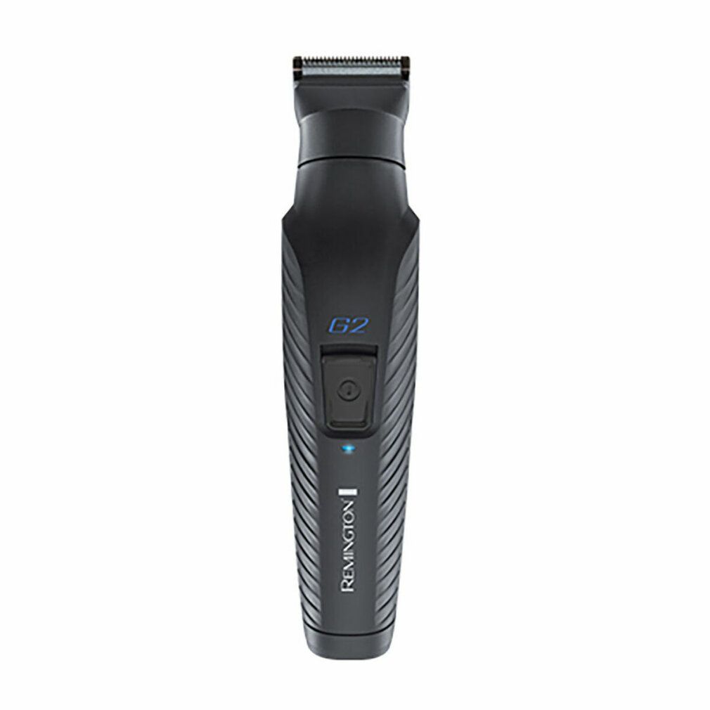 Schwarzer Remington G2 Trimmer. Vertikales Design mit Ein-/Ausschalter und blauer LED. Gestreifte Textur am Griff.