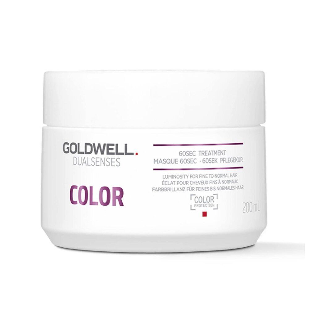 Goldwell Dualsenses Color Treatment. Weiße Dose mit lila Schrift. Produktname, Logo und 200ml-Angabe.