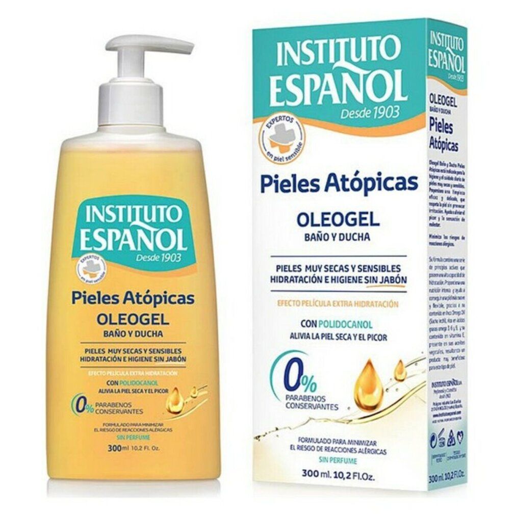 Instituto Español Pelle Atopica Oleogel, Flasche und Verpackung. Gelbe Flüssigkeit, weißer Spender. Text: Pieles Atópicas, 0% Parabene.