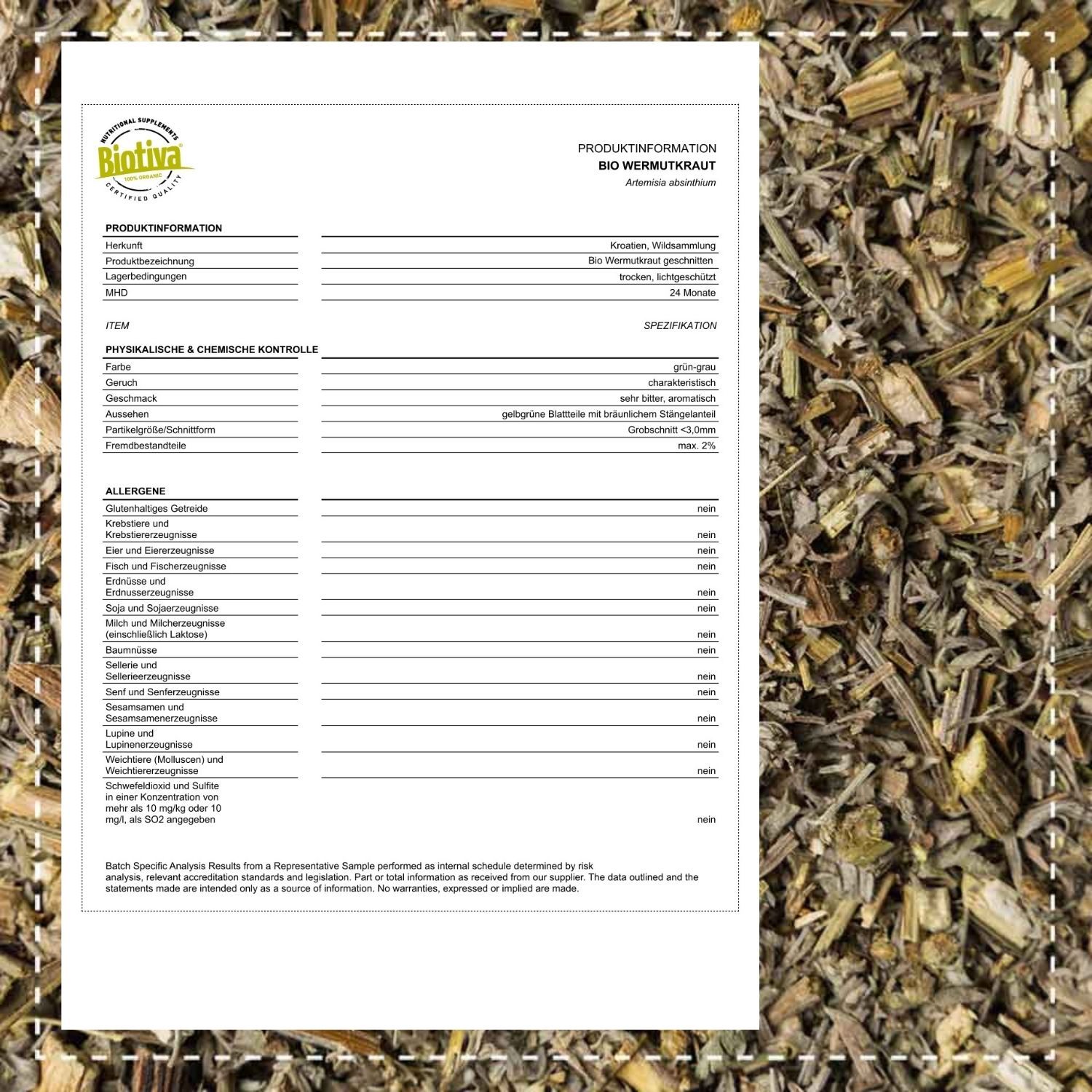 Produktinformationen auf weißem Hintergrund. Text: Biotiva, Bio Wermutkraut, Spezifikationen, Allergene. Hintergrund: zerkleinertes Kraut.