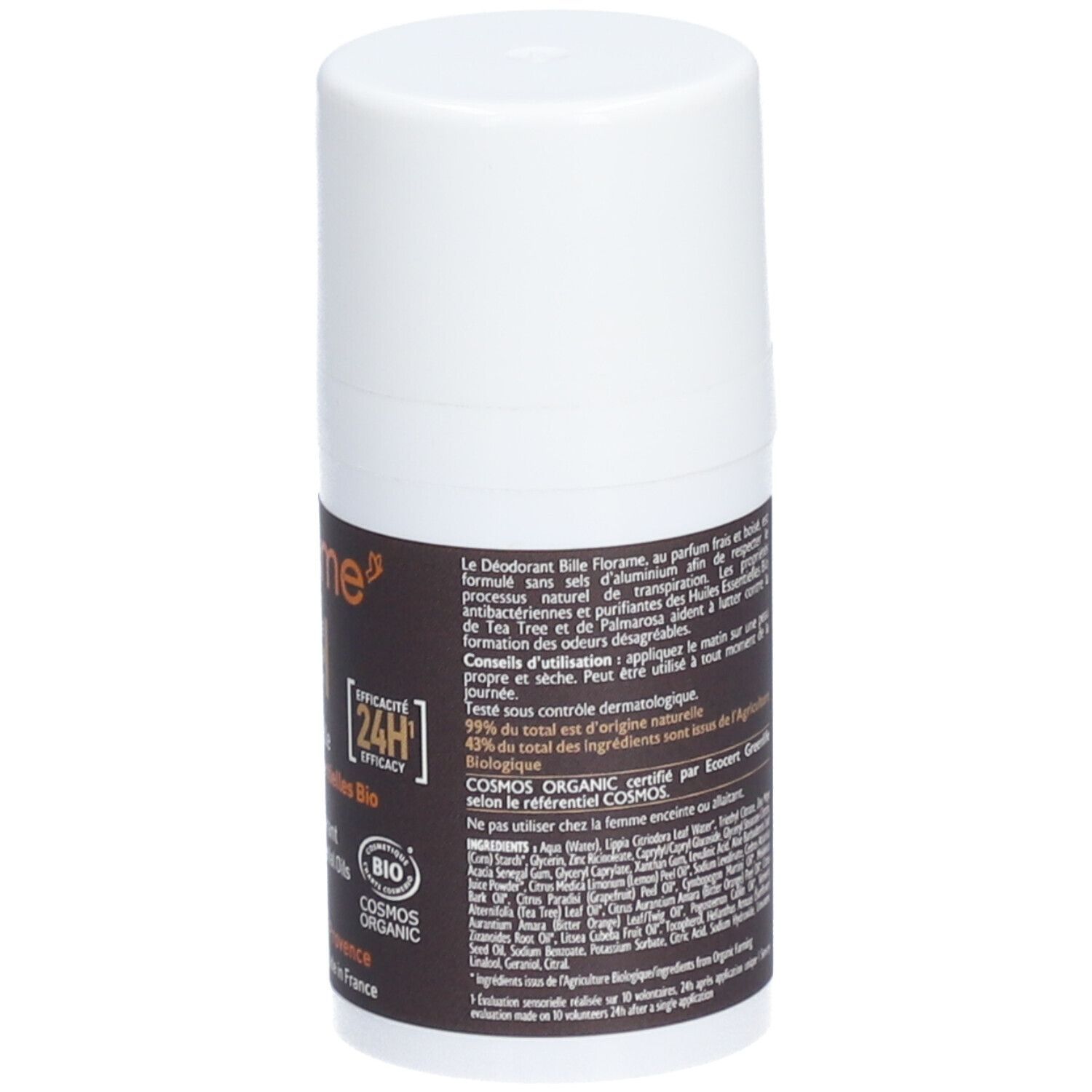 Rückseite des Roll-on-Deos. Weißer Behälter mit braunem Etikett. Text: Florame, Anwendungshinweise, Bio-Zertifizierung.