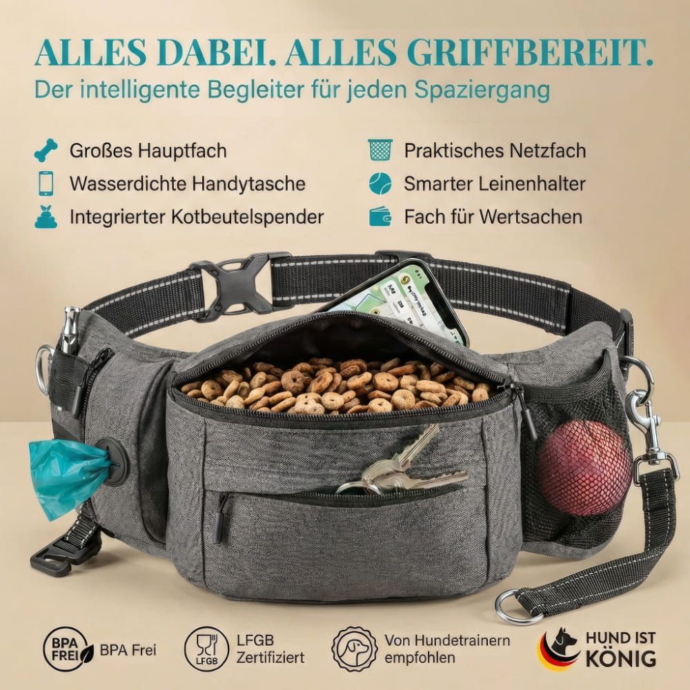 Graue Bauchtasche mit Futter, Handy, Schlüssel, Ball und Kotbeutel. Schwarzer Gurt mit Schnalle. Text: HUND IST KÖNIG®.