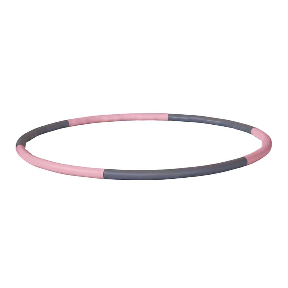 Hula Hoop Ring, grau-rosa. Liegende, ovale Form. Segmentiert in Grau und Rosa. Perspektivische Ansicht.