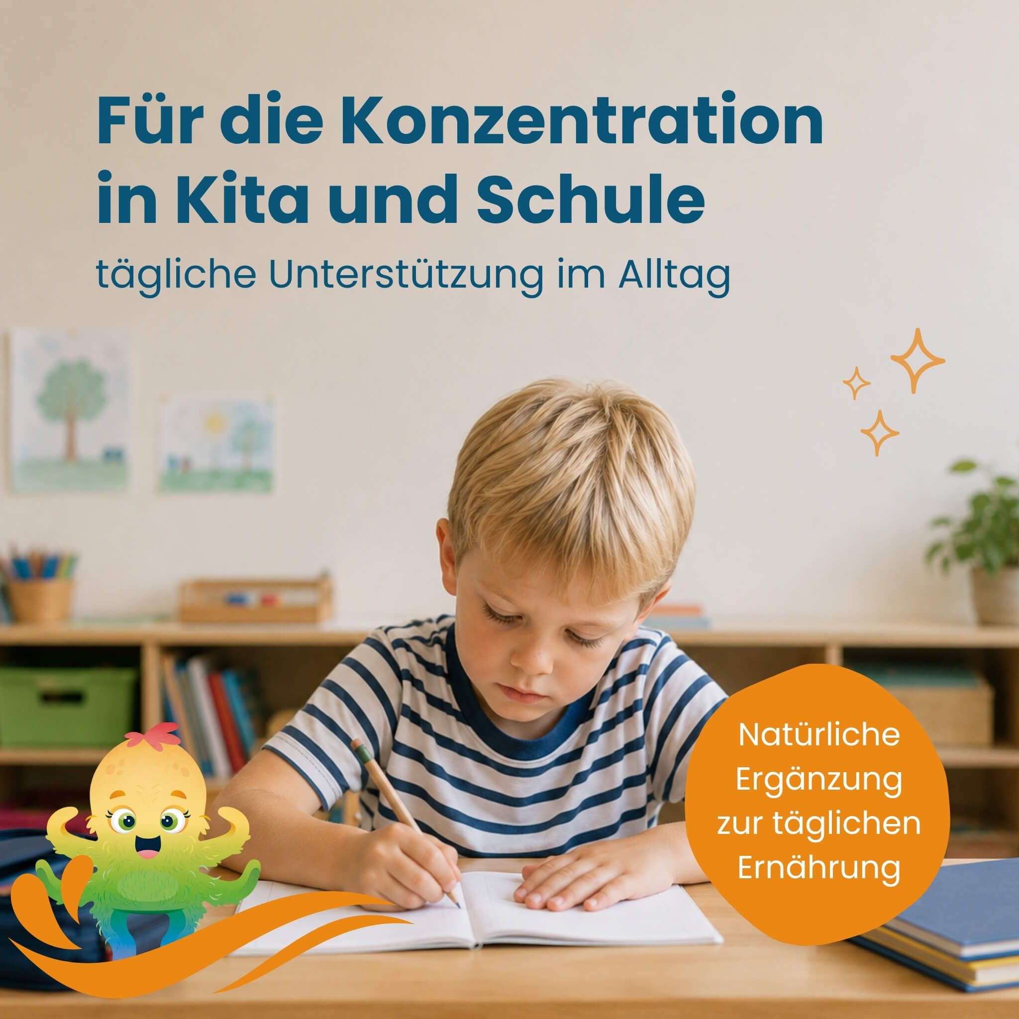Kind konzentriert sich beim Schreiben, umgeben von Lernmaterialien und dem Herby Family Maskottchen.