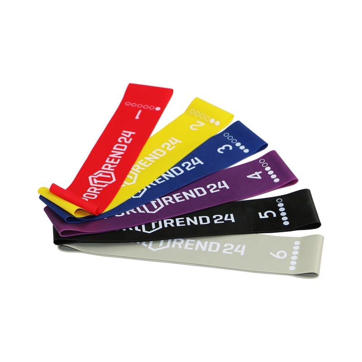 Sechs farbige Mini-Bänder mit Sporttrend24-Schriftzug und Zahlen 1-6. Fitness-Bänder in Rot, Gelb, Blau, Lila, Schwarz, Grau.