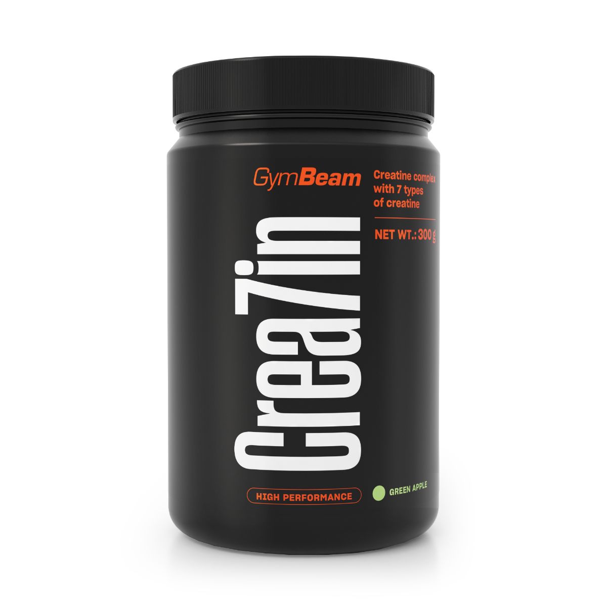 Schwarzer Behälter mit GymBeam Crea7in Etikett, das 7 Kreatintypen und 300g Nettofüllmenge angibt.