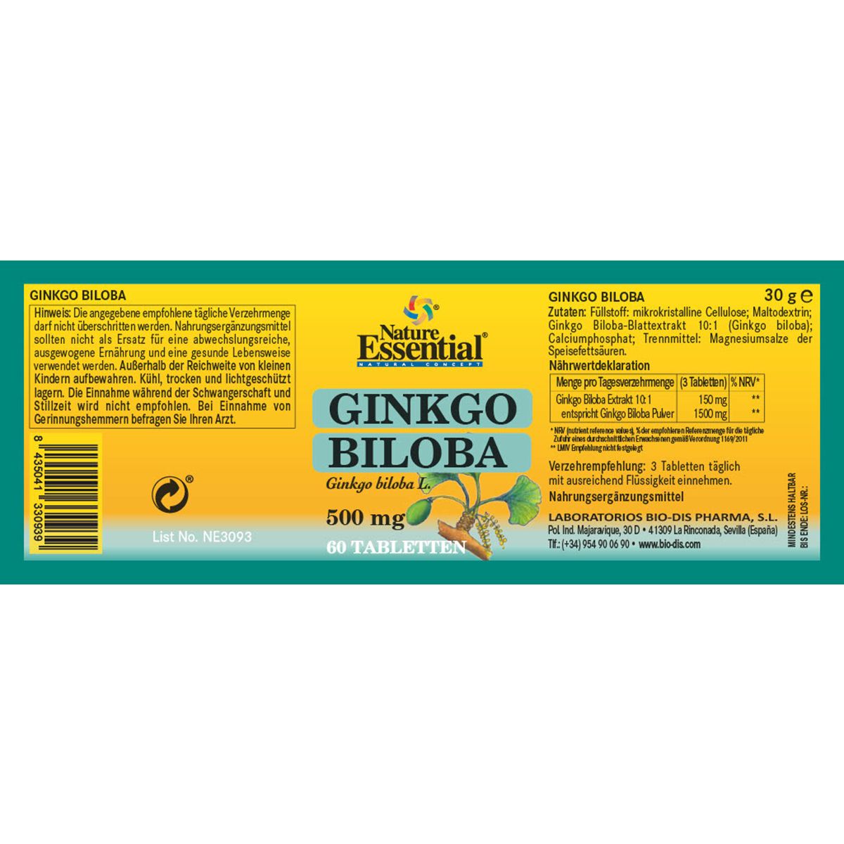 Etikett mit "Nature Essential", "Ginkgo Biloba 500mg" und 60 Tabletten. Enthält Informationen zur Dosierung und Inhaltsstoffe.
